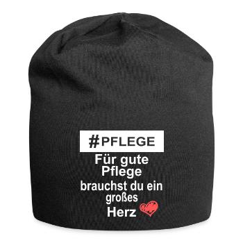 Pflege - Großes Herz - Jersey-Beanie - Schwarz - Vorne