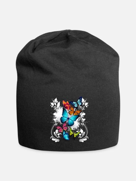 Schmetterling Blumen Ornament Splash Kunst - Jersey-Beanie - Schwarz
