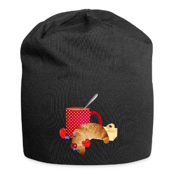 Breakfast still life with croissant, coffee, berries - Jersey Beanie - black - Front