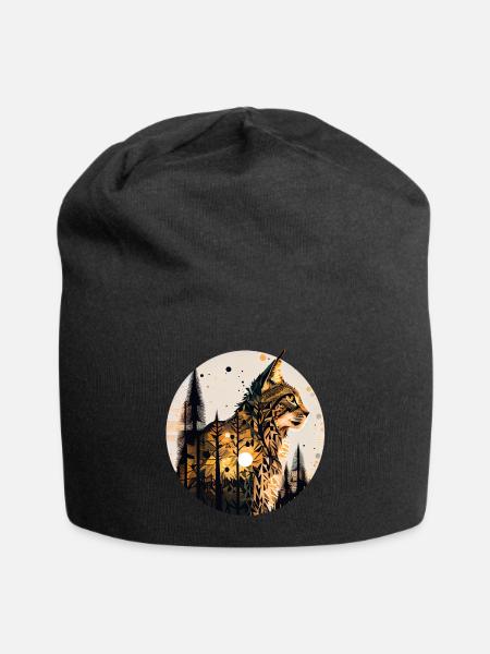 Luchs mit Mond im Wald mit Muster - Jersey-Beanie - Schwarz