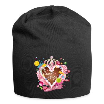 Lebkuchenherz mit Zuckerguß Wünsche und Krone - Jersey-Beanie - Schwarz - Vorne