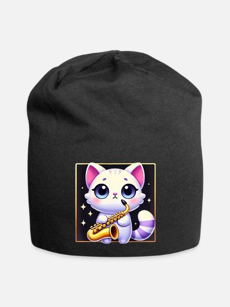Cute Saxophone Cat Cartoon Design - Jersey Beanie - black
