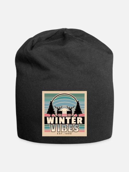 Winter Vibes: Retro Sunset & Nature - Jersey-Beanie - Schwarz