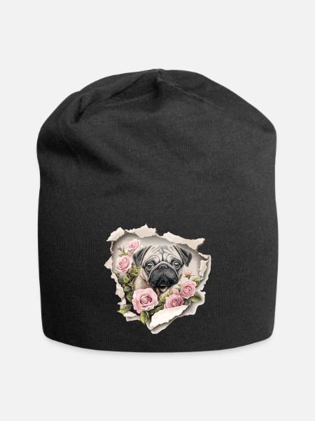 Mops Blumen Vintage - Jersey-Beanie - Schwarz