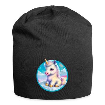 Sitzendes Baby-Einhorn in Wolken - Jersey-Beanie - Schwarz - Vorne