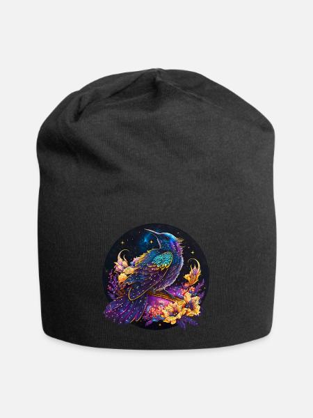 Nacht Vogel, Amsel, Nachtigall, Blumen, distressed - Jersey-Beanie - Schwarz