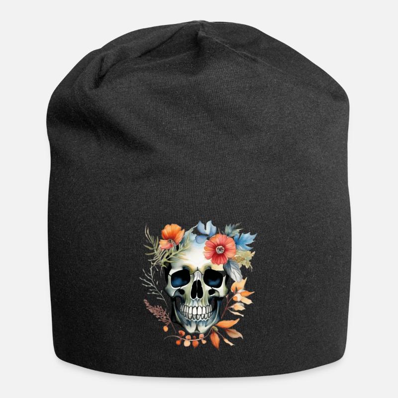 Botanische Schädelkunst in voller Blüte - Jersey-Beanie - Schwarz