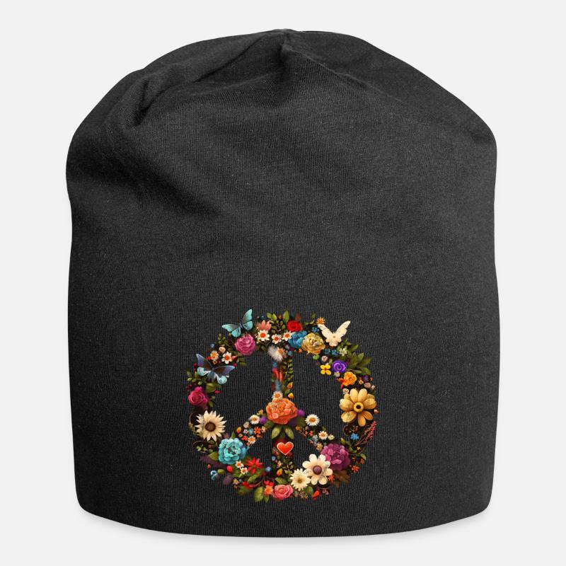 Peace Symbol, Friedenssymbol, Peacezeichen, Blumen - Jersey-Beanie - Schwarz