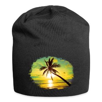 Sonnenuntergang Palme bunt Farben surreal Strand - Jersey-Beanie - Schwarz - Vorne