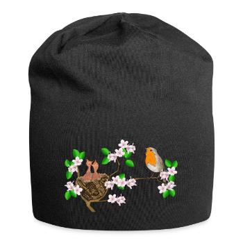 Rouge-gorge, nid, fleur de cerisier - Bonnet en jersey - noir - Devant