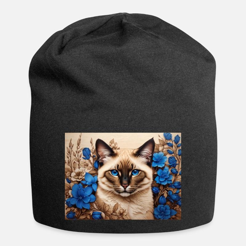 chat fleurs bleues - Bonnet en jersey - noir