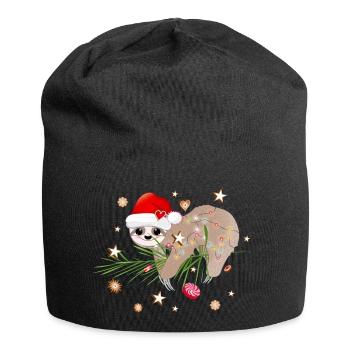 funny sloth with fir branch for christmas - Jersey Beanie - black - Front