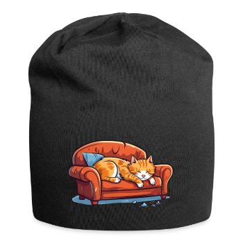 Cat Oversleeping Tired Couch Sofa Funny Cartoon - Jersey Beanie - black - Front