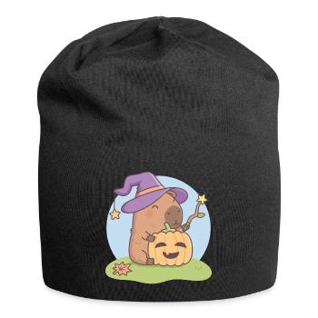Cute Capybara Wizard With Jack O Lantern - Jersey Beanie - black - Front