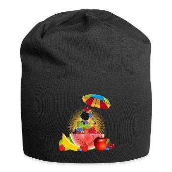 Bunte Früchtepyramide mit Wassermelone und Schirm - Jersey-Beanie - Schwarz - Vorne