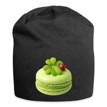 Grüner Macaron mit Glücksklee  - Jersey-Beanie - Schwarz - Vorne