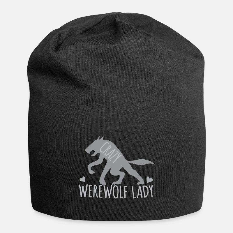 Crazy werewolf lady with grey walking wolf - Jersey Beanie - black