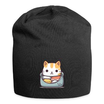 Katze - Kawaii Style - Jersey-Beanie - Schwarz - Vorne