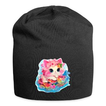Katze - Illustration - Jersey-Beanie - Schwarz - Vorne