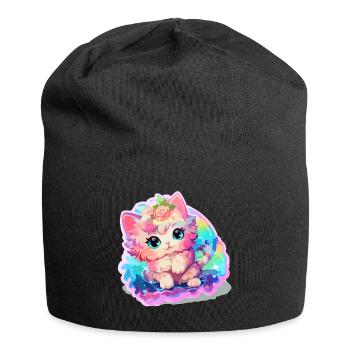 Katze - Illustration - Jersey-Beanie - Schwarz - Vorne