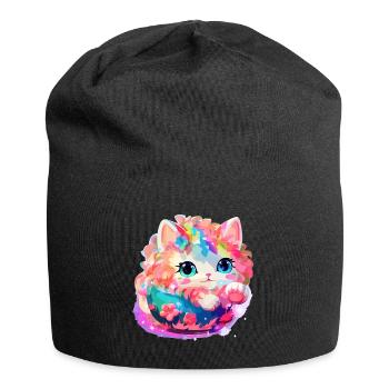Katze - Illustration - Jersey-Beanie - Schwarz - Vorne