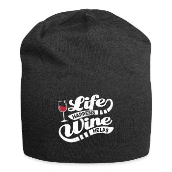 Life Happens Wine Helps Gift - Jersey Beanie - charcoal grey - Front
