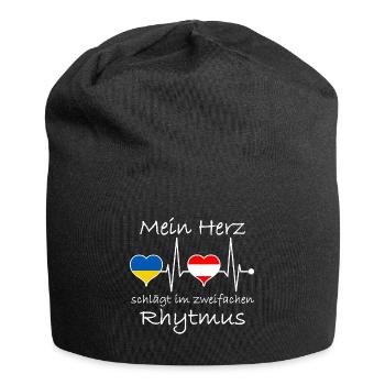 Österreich Ukraine Flagge Herz Fahne Herzschlasg - Jersey-Beanie - Schwarz - Vorne
