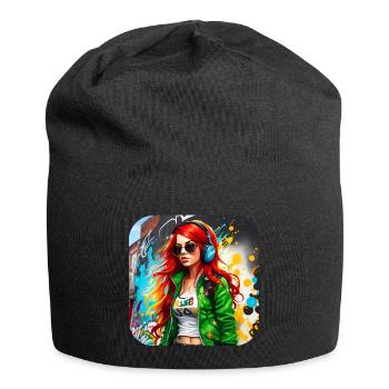 Cool Irish redhead girl with headphones - Jersey Beanie - black - Front