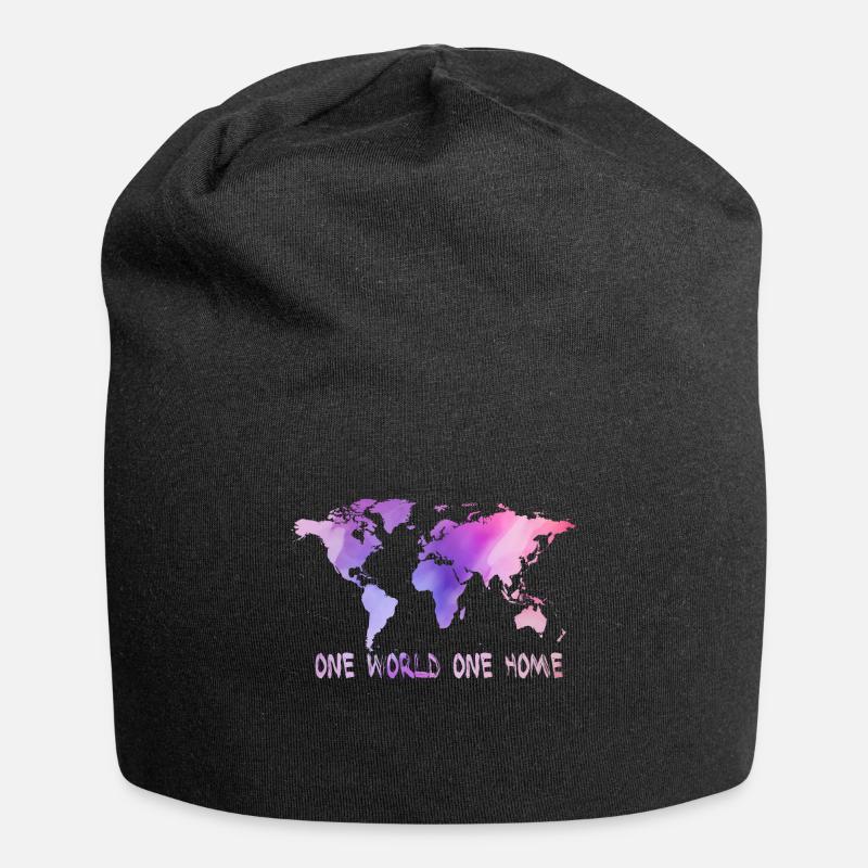 One World One Home World Map - Jersey Beanie - black