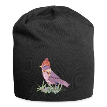Bird with bobble hat and scarf in winter mood - Jersey Beanie - black - Front