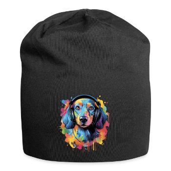 Teckel coloré avec des écouteurs - Bonnet en jersey - noir - Devant