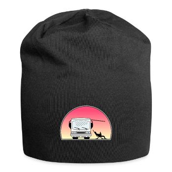 Klassisches Wohnmobil am Sonnenuntergang - Inhaber, der heraus sitzt - Jersey-Beanie - Schwarz - Vorne