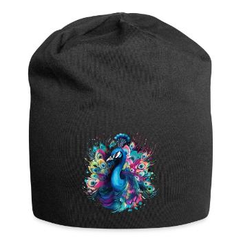Pfau Pfauenfeder Exotisch Farbenfroh Bunt Kunst - Jersey-Beanie - Schwarz - Vorne