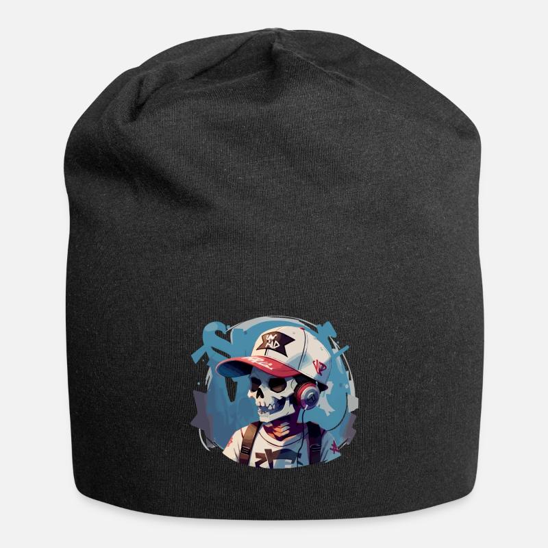 Graffiti Totenkopf mit Kopfhörern - Jersey-Beanie - Schwarz