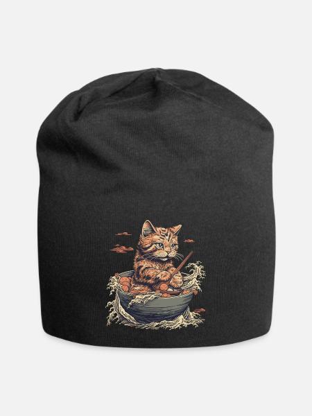 Katze isst Ramen Nudeln, welle von kanagawa - Jersey-Beanie - Schwarz
