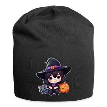 Sorcière mignonne avec chat noir et citrouille - Bonnet en jersey - noir - Devant