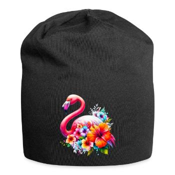 Flamingo verziert mit Hibiskusblüten - Jersey-Beanie - Schwarz - Vorne
