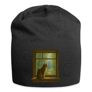 Katze am Fenster - Jersey-Beanie - Schwarz - Vorne
