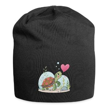 Verträumte Schildkröte mit floralem Herz - Jersey-Beanie - Schwarz - Vorne