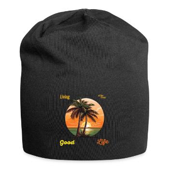 Palmenstrand „Living the good life“ mit Sunset - Jersey-Beanie - Schwarz - Vorne