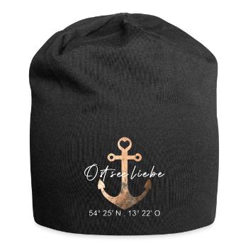 Ostseeliebe - Anker - Koordinaten Rügen - Jersey-Beanie - Schwarz - Vorne