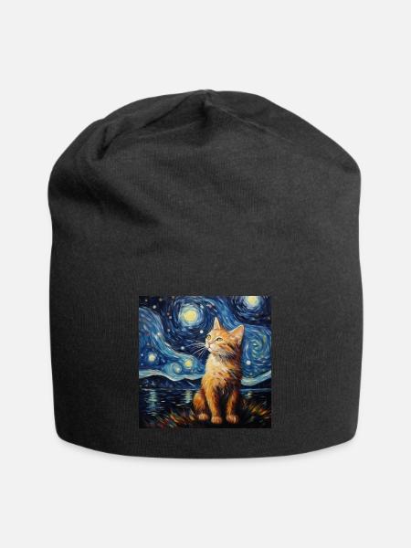 Katze, katzenmotiv, van gogh, sternennacht - Jersey-Beanie - Schwarz