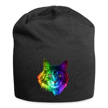 Regenbogenkatze - Jersey-Beanie - Schwarz - Vorne