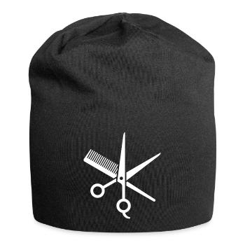 Ciseaux à cheveux et peigne. Symbole du coiffeur - Bonnet en jersey - noir - Devant