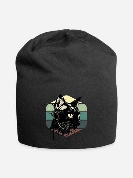 Cat Wearing Headphones | cat wearing earphones - Jersey Beanie - black