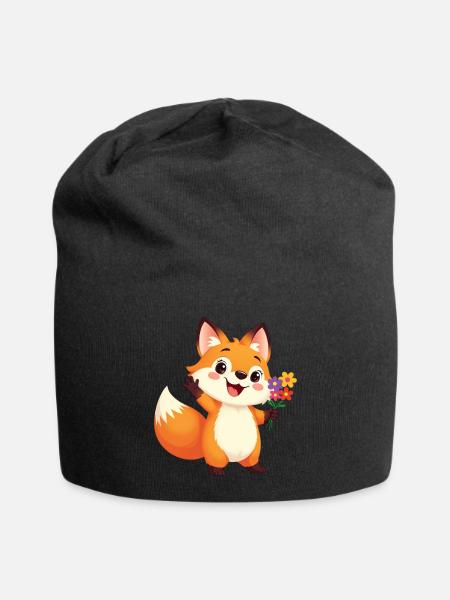 Fröhlicher Cartoon Fuchs mit Blumenstrauß - Jersey-Beanie - Schwarz