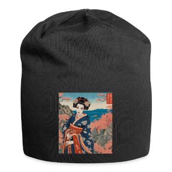 Traditional japanese woman in kimono on country background - Jersey Beanie - black - Front