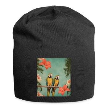 Zwei Papageien auf einem Ast mit Hibiskusblüten - Jersey-Beanie - Schwarz - Vorne