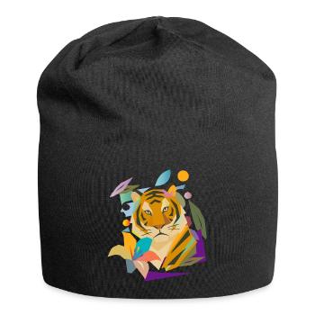 Tiger mit Blüte – Kraftvolles Naturmotiv - Jersey-Beanie - Schwarz - Vorne