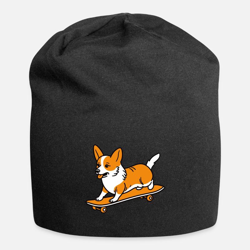 Corgi auf einem Skateboard - Jersey-Beanie - Schwarz